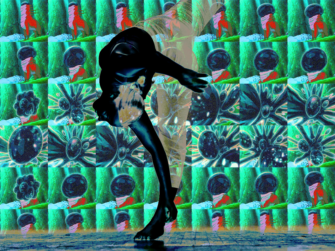 illustration of a woman arabesquing upside down and coloured black against a background of film stills where a deer god transforms into a fearsome god of the night