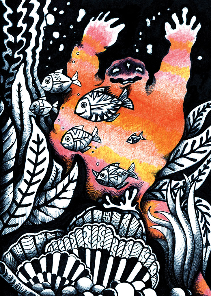 A friendly but amorphous pink, orange, and yellow figure pops out from behind seaweeds.