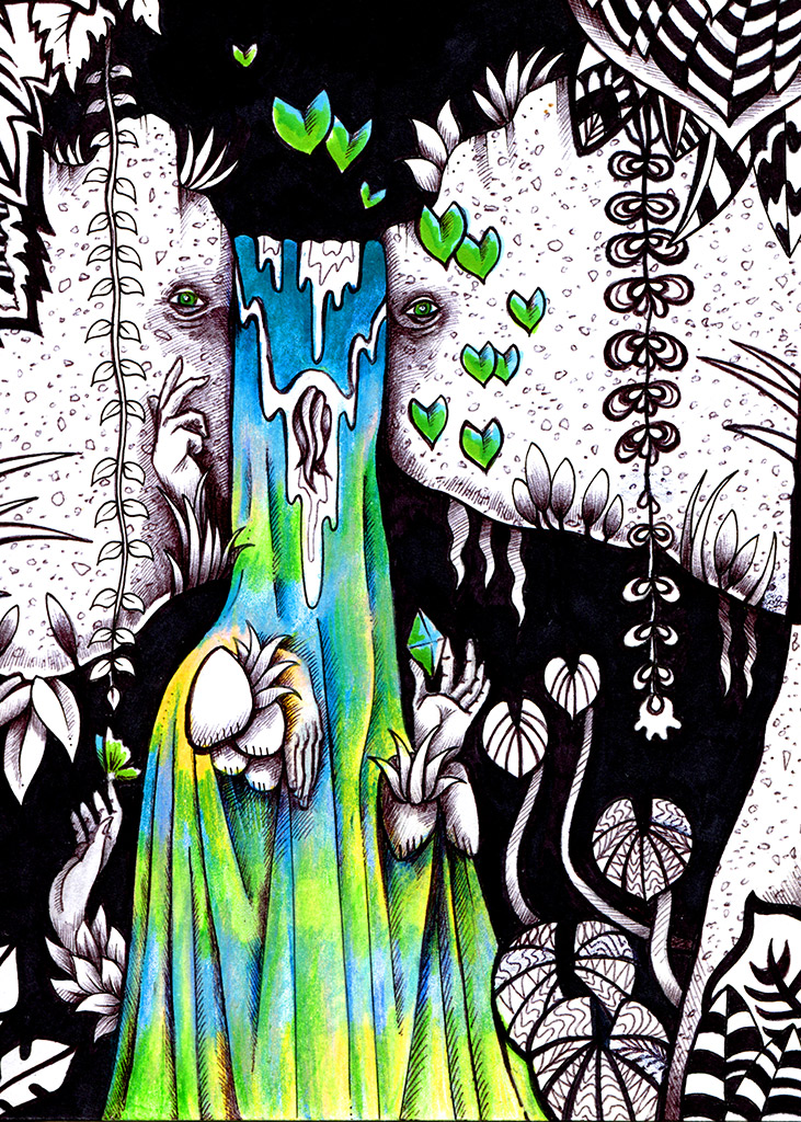 A blue, green, and yellow waterfall is actually a four-handed magical spirit.